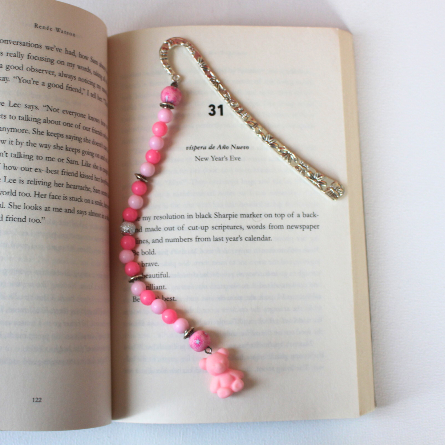 Pink Bear Beaded Bookmark